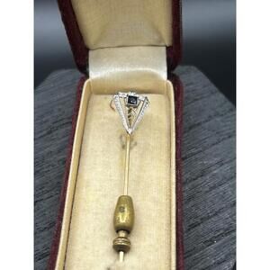 14k Lambert Bros Stick Hat Pin Sapphire Blue Spinel Velvet Box Yellow White 1.7g